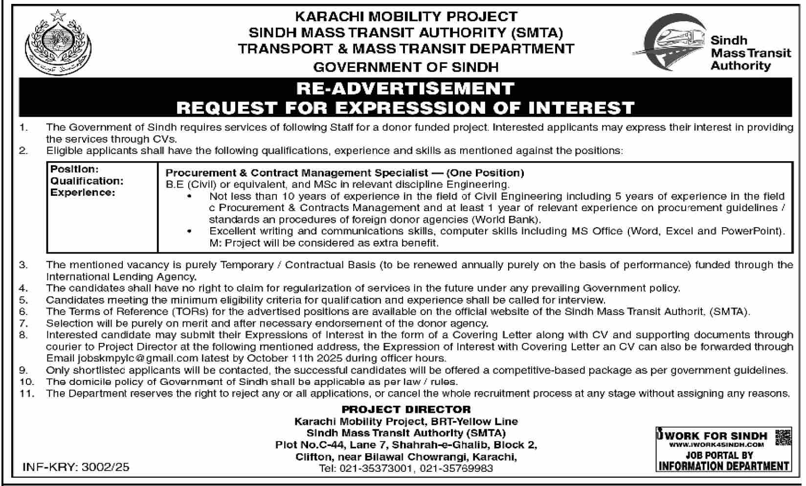Sindh Mass Transit Authority Tender Notice